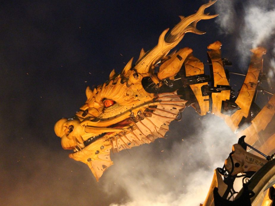 A picture of a dragon with smoke in the background